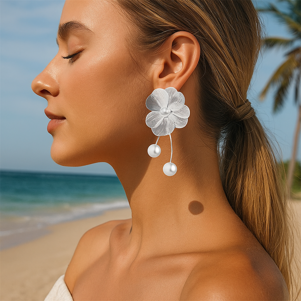 Liora™ Gold Floral Earrings with Pearl Pendant - VC Edit - Image 3