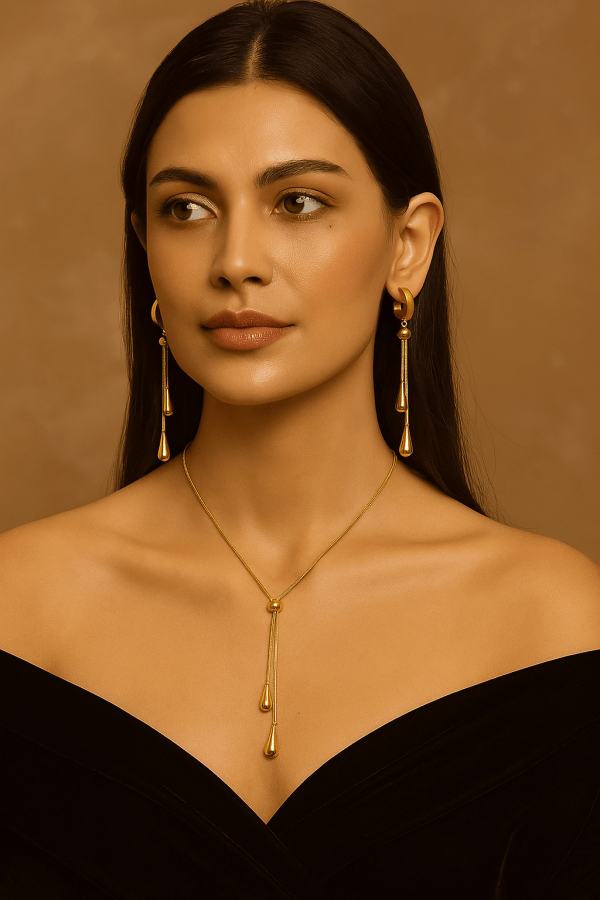 Isadora™ Gold Water Droplet Tassel Necklace & Earrings - Image 2