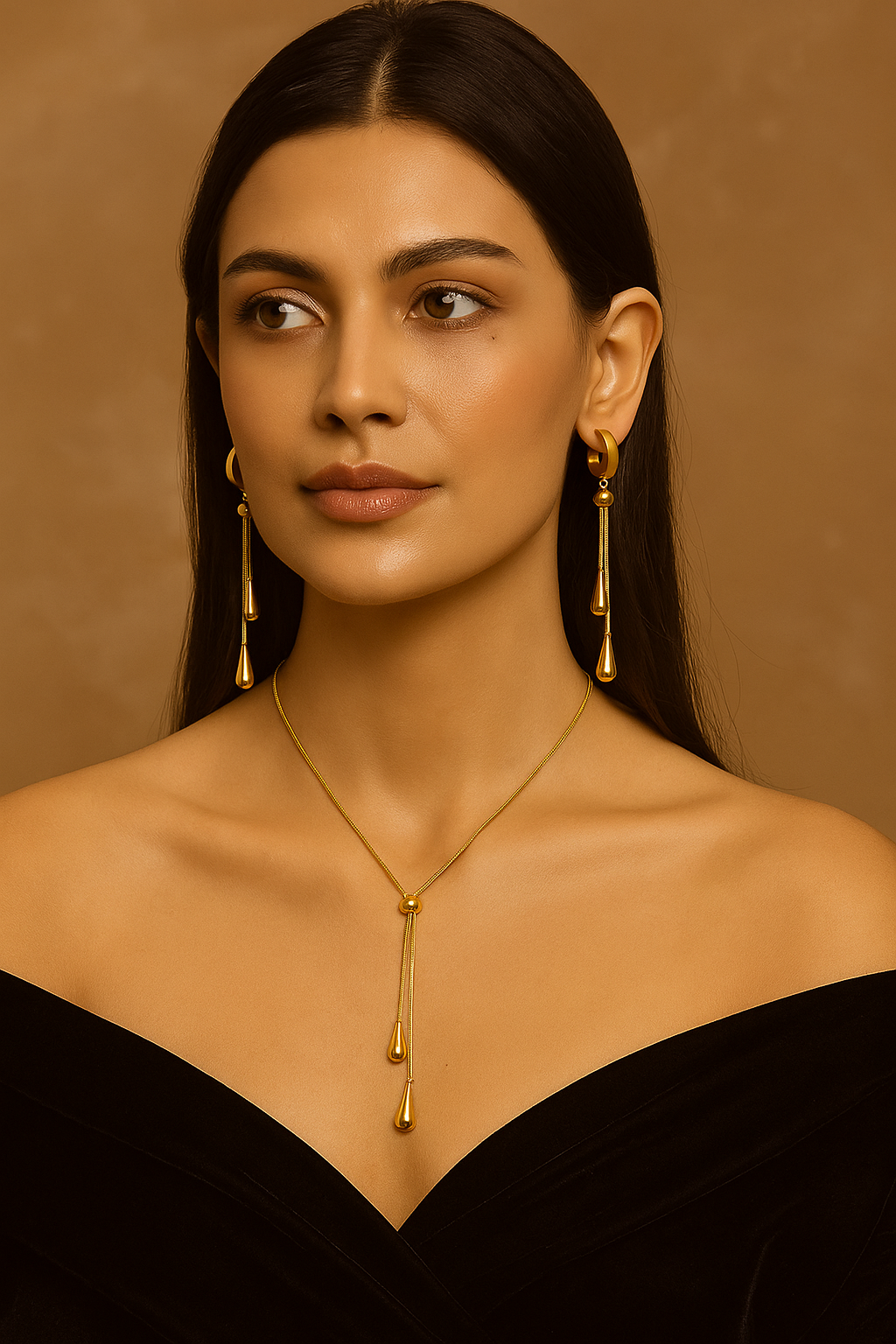Isadora™ Gold Water Droplet Tassel Necklace & Earrings - Image 2