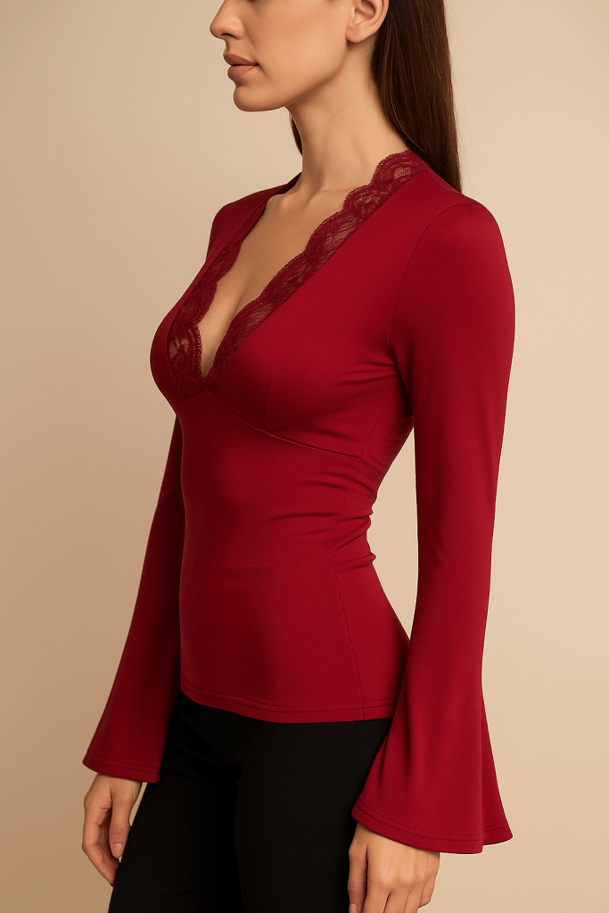 Cassiane™ Deep V Neck Lace Flare Sleeve Blouse