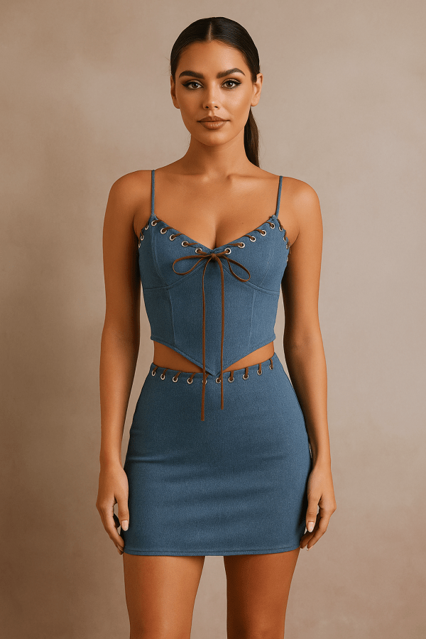 Celestia™ Denim Lace Up Top & Mini Skirt Set