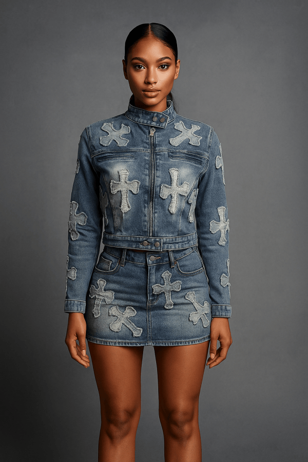 Celina™ Zipper Jacket & Mini Skirt Denim Set - Image 2
