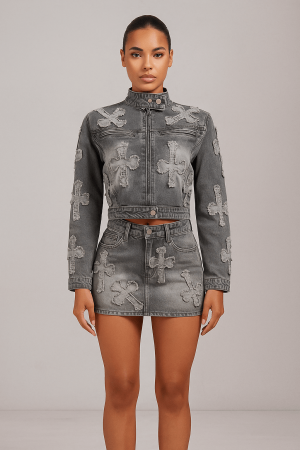 Celina™ Zipper Jacket & Mini Skirt Denim Set
