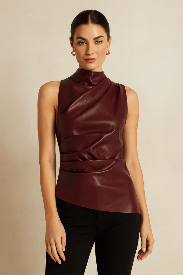 Solenne™ Leather Ruched Sleeveless Top - Image 1