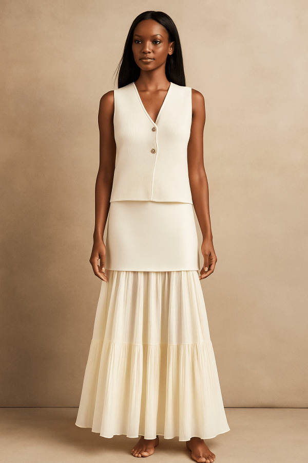 Thessia™ Knitted V-Neck Vest & Maxi Skirt Set