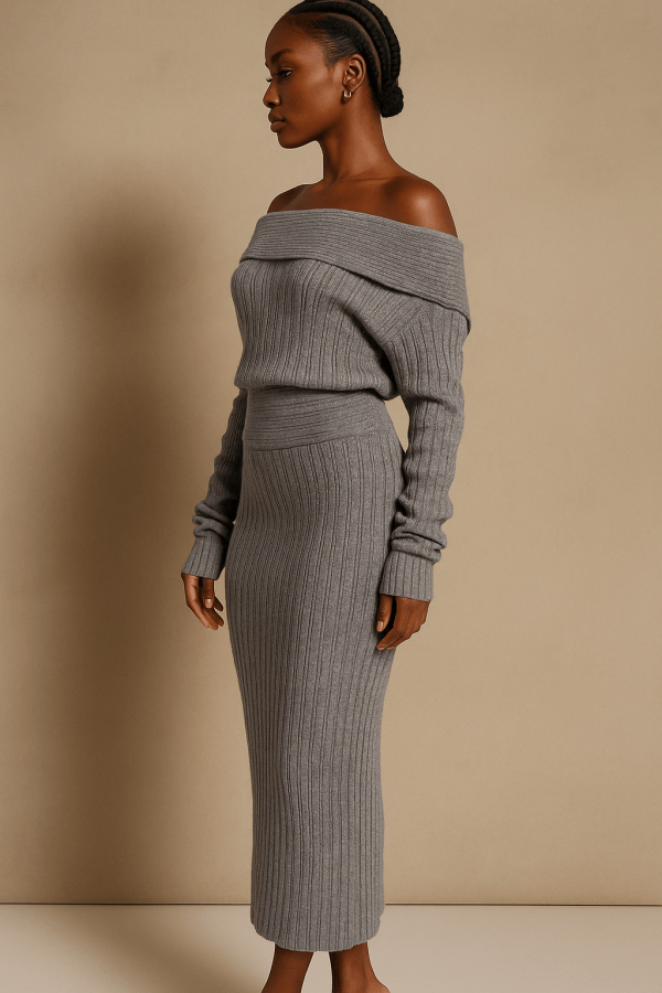 Solenne™ Knitted Off Shoulder Sweater & Maxi Skirt Set - Image 4