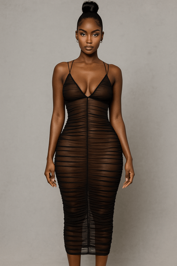 Amarisse™ Deep V-Neck Double Layer Midi Dress