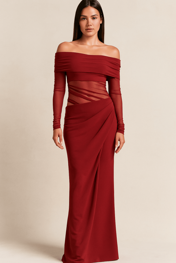 Valoria™ Off-Shoulder Mesh Ruched Maxi Dress