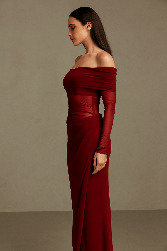 Valoria™ Off-Shoulder Mesh Ruched Maxi Dress