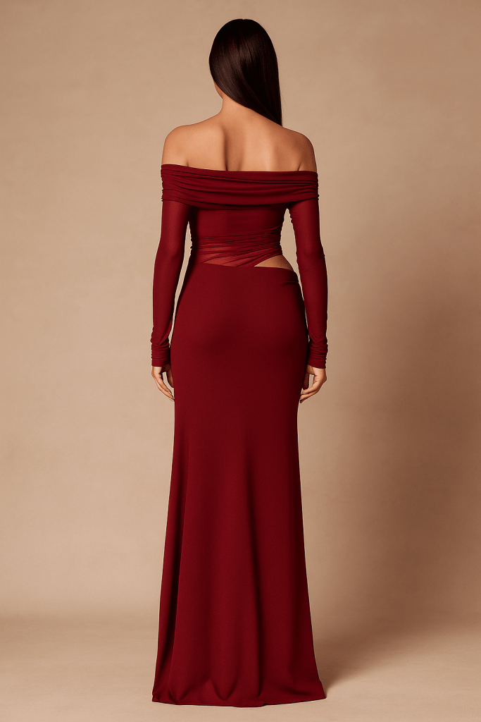 Valoria™ Off-Shoulder Mesh Ruched Maxi Dress