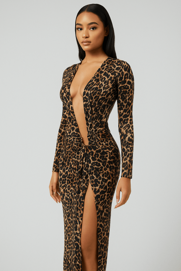 Amarisse™ Deep V-Neck Leopard Print Ruched Midi Dress - Image 2