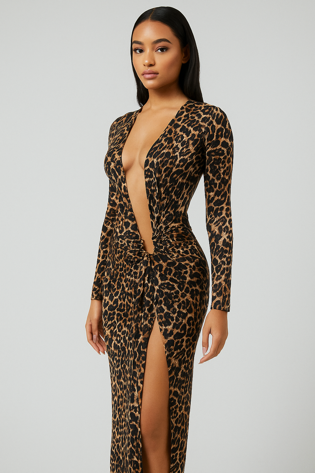 Amarisse™ Deep V-Neck Leopard Print Ruched Midi Dress - Image 2