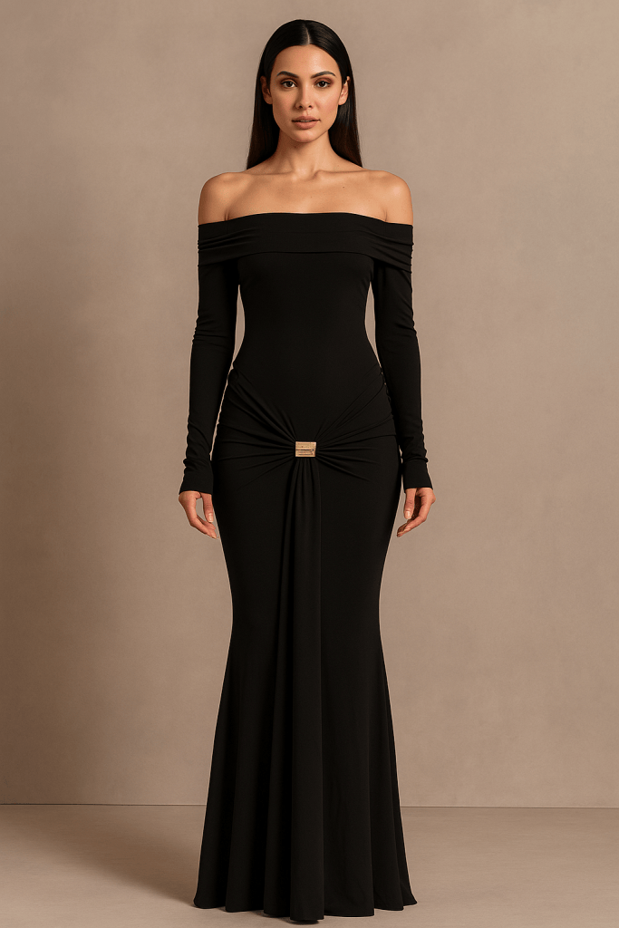 Noiré™ Ruched Metal Buckle Bodycon Maxi Dress