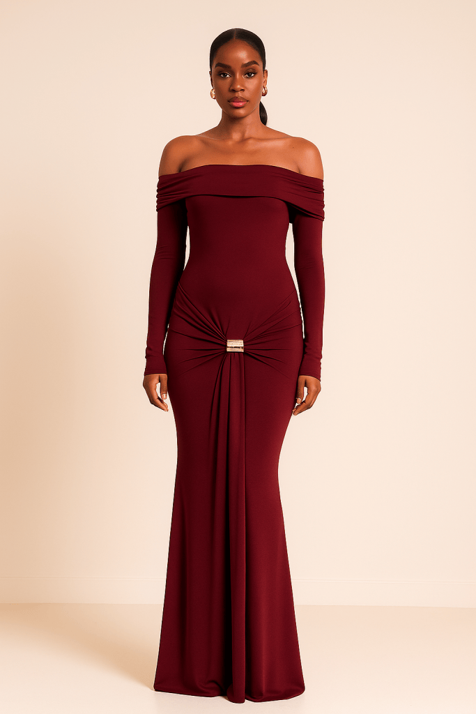 Noiré™ Ruched Metal Buckle Bodycon Maxi Dress