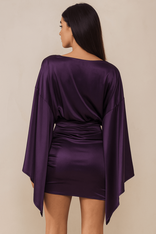 Juliana™ Satin Deep V-Neck Swing Sleeve Mini Dress - Image 4