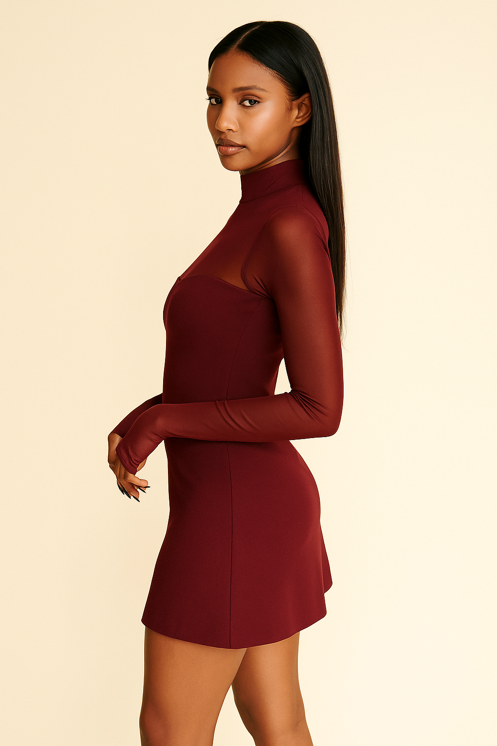 Arden™ Mesh Patchwork Turtleneck Mini Dress - Image 2