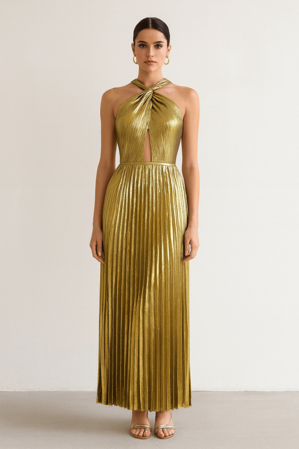 Aurelia™ Metallic Pleated Halter Maxi Dress