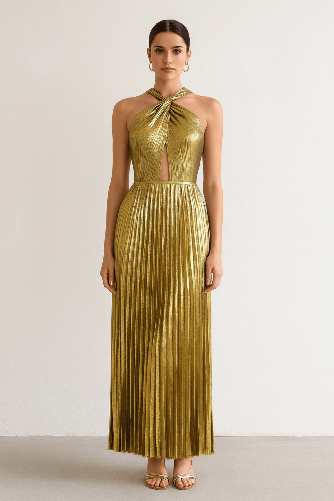 Aurelia™ Metallic Pleated Halter Maxi Dress