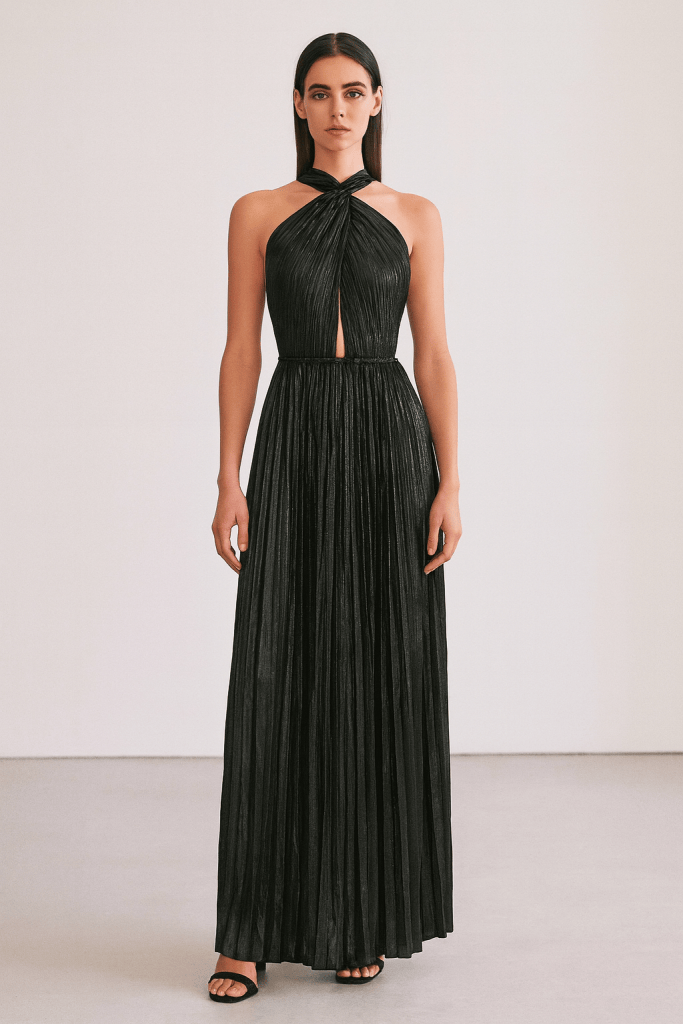 Aurelia™ Metallic Pleated Halter Maxi Dress