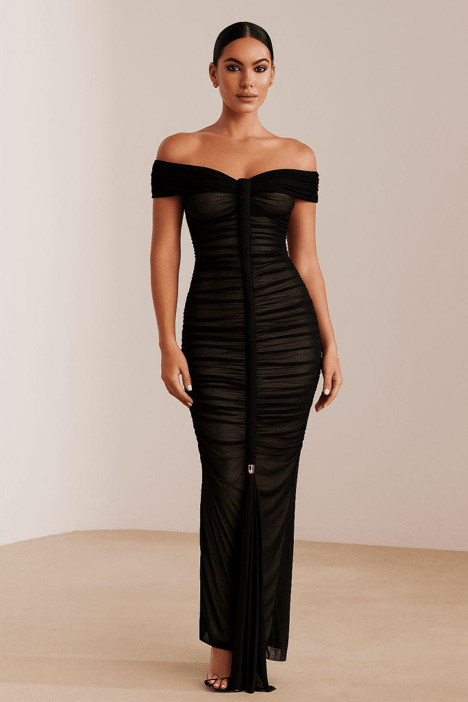 Seraphina™ Off-Shoulder Ruched Mesh Maxi Dress