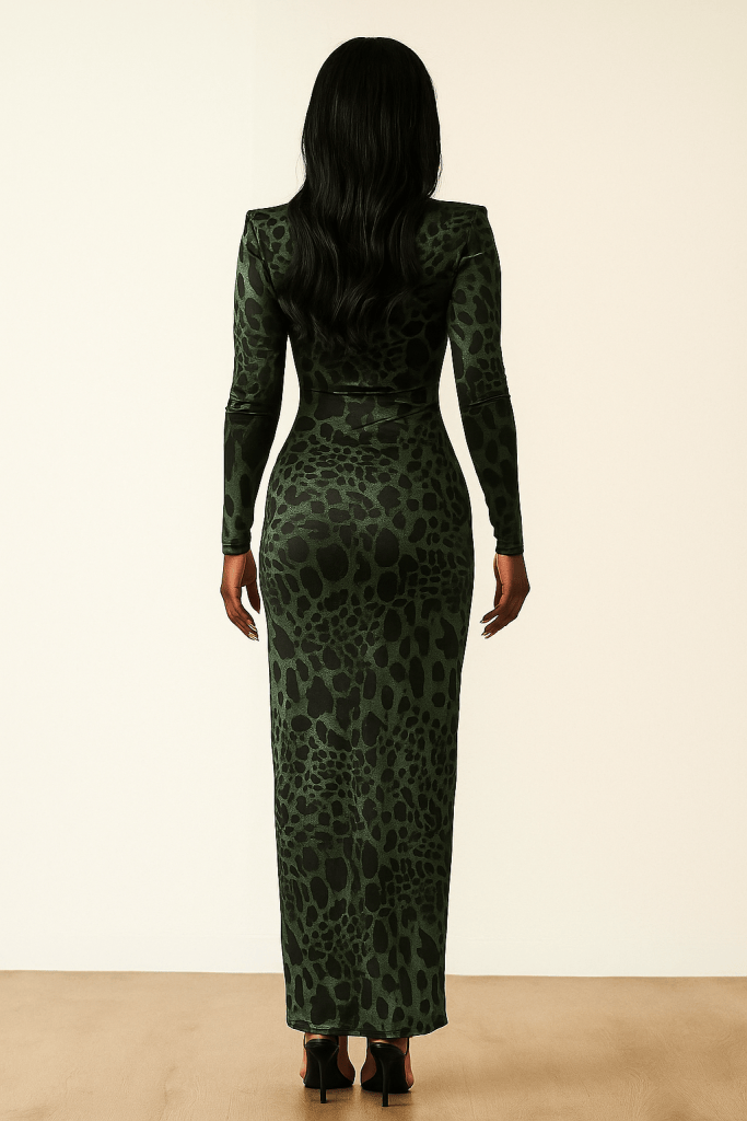 Vyxen™ Deep-Plunge Leopard Mesh Maxi Dress