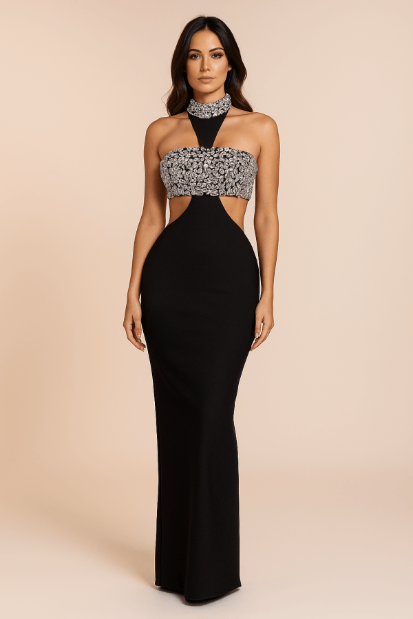 Seraphina™ Crystal Halter Sculpt Maxi Dress - Image 1