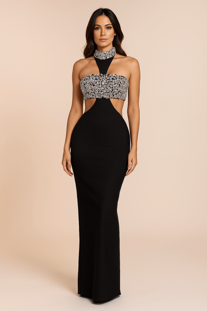 Seraphina™ Crystal Halter Sculpt Maxi Dress