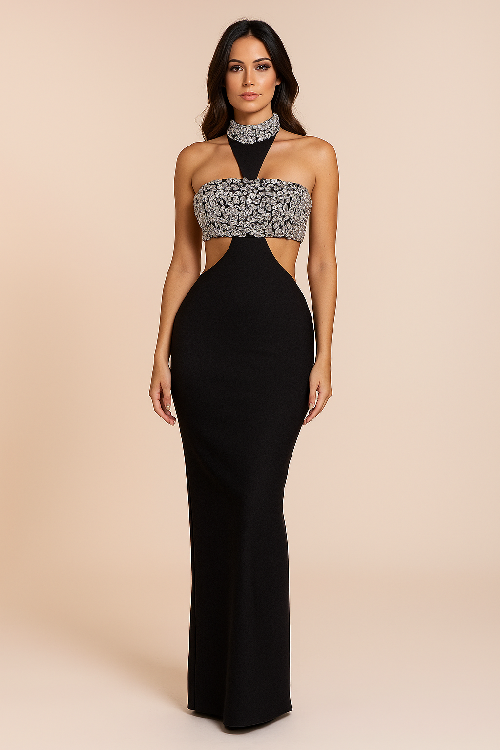 Seraphina™ Crystal Halter Sculpt Maxi Dress - Image 1