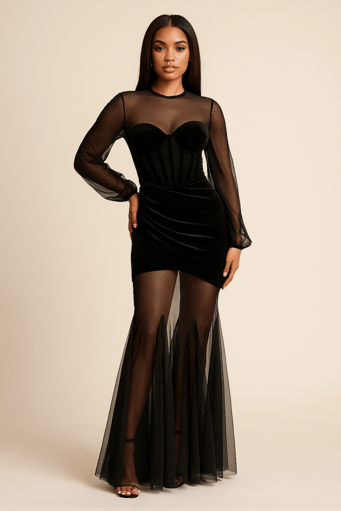 NoirMuse™ Sheer Corset Illusion Maxi Dress