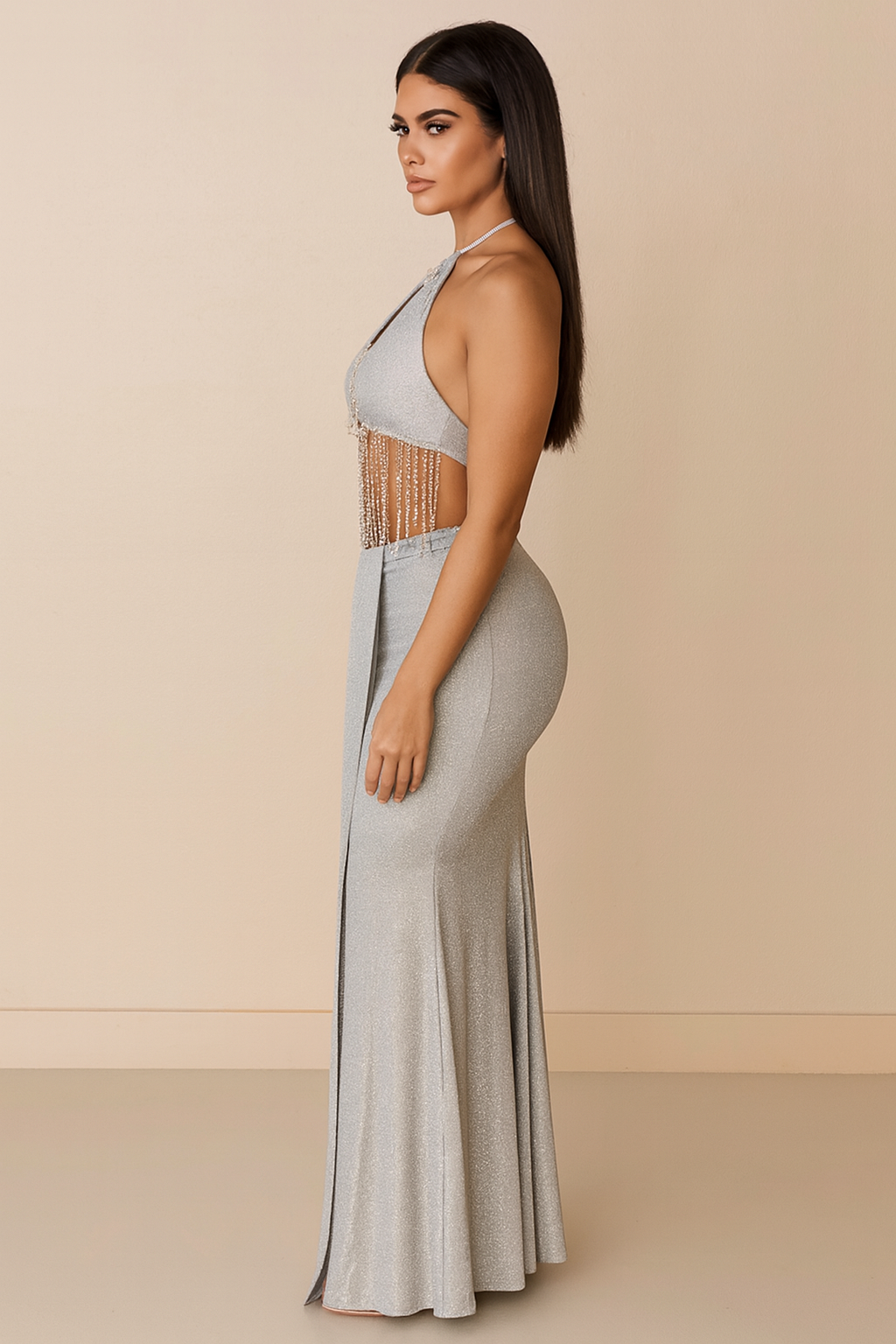 Aurelia™ Crystal Fringe Halter Maxi Dress - Image 2
