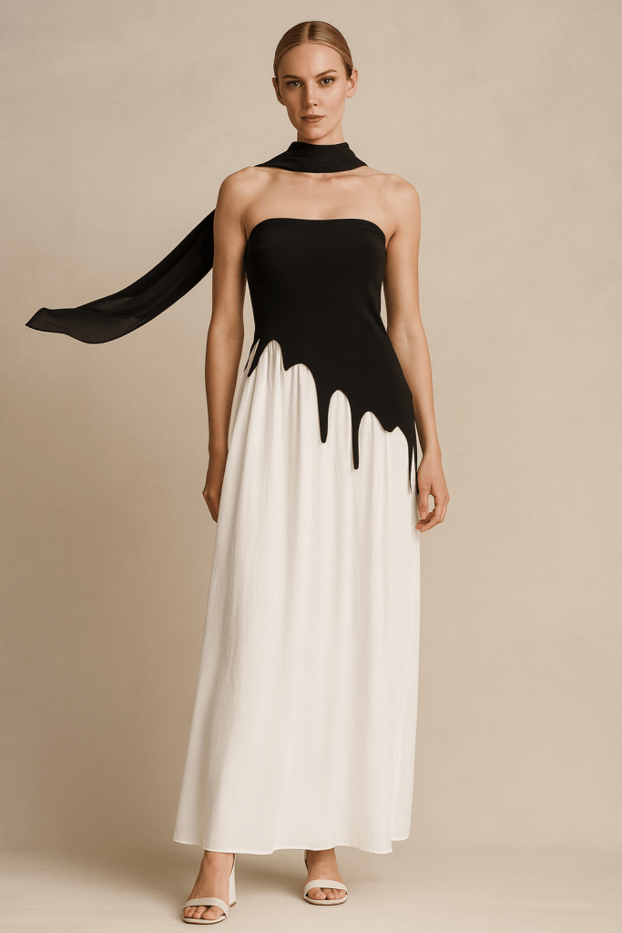 Noir Cascade™ Strapless Contrast Maxi Dress