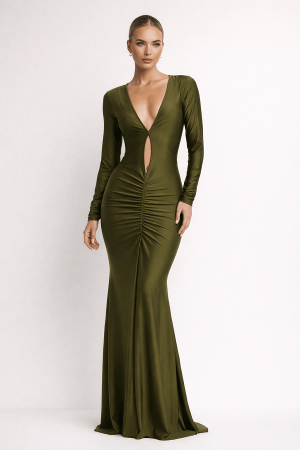 Elara™ Deep Plunge Ruched Maxi Dress - Image 1