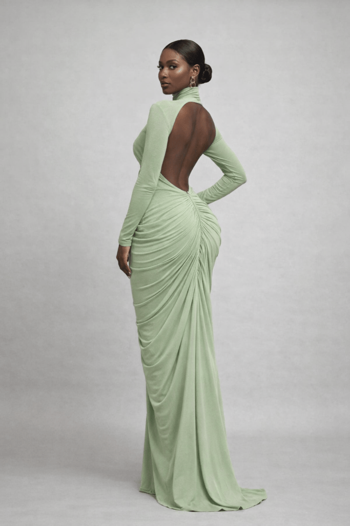 Elara™ Draped High Neck Maxi Dress