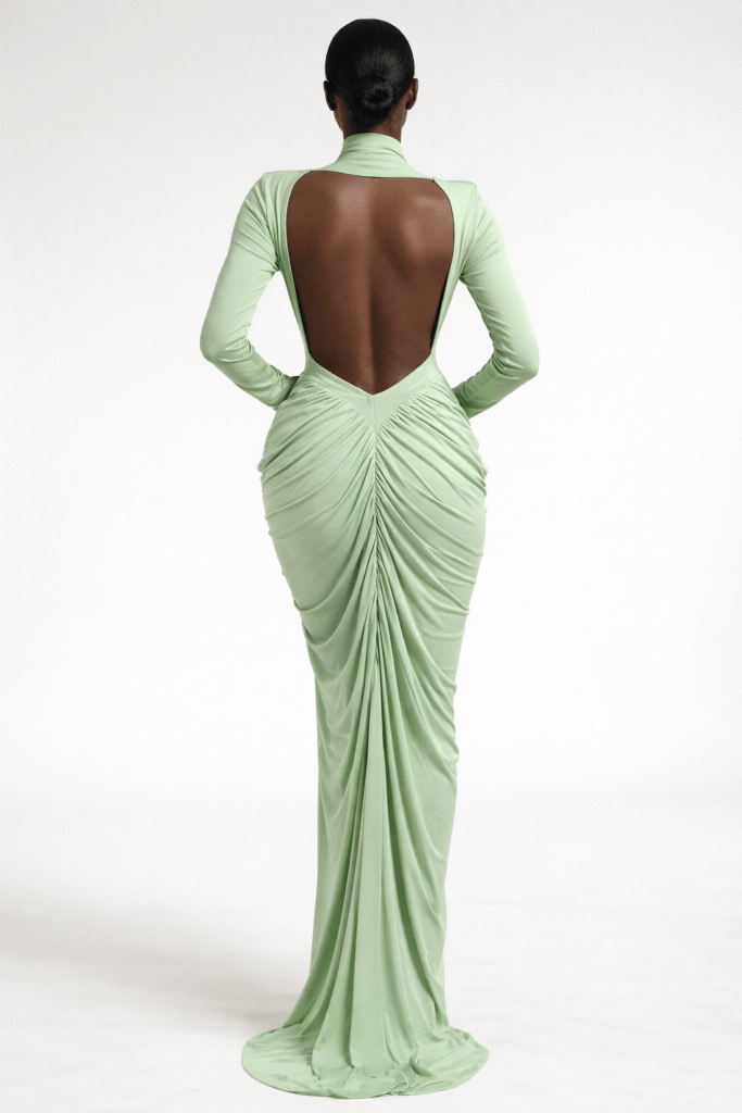 Elara™ Draped High Neck Maxi Dress