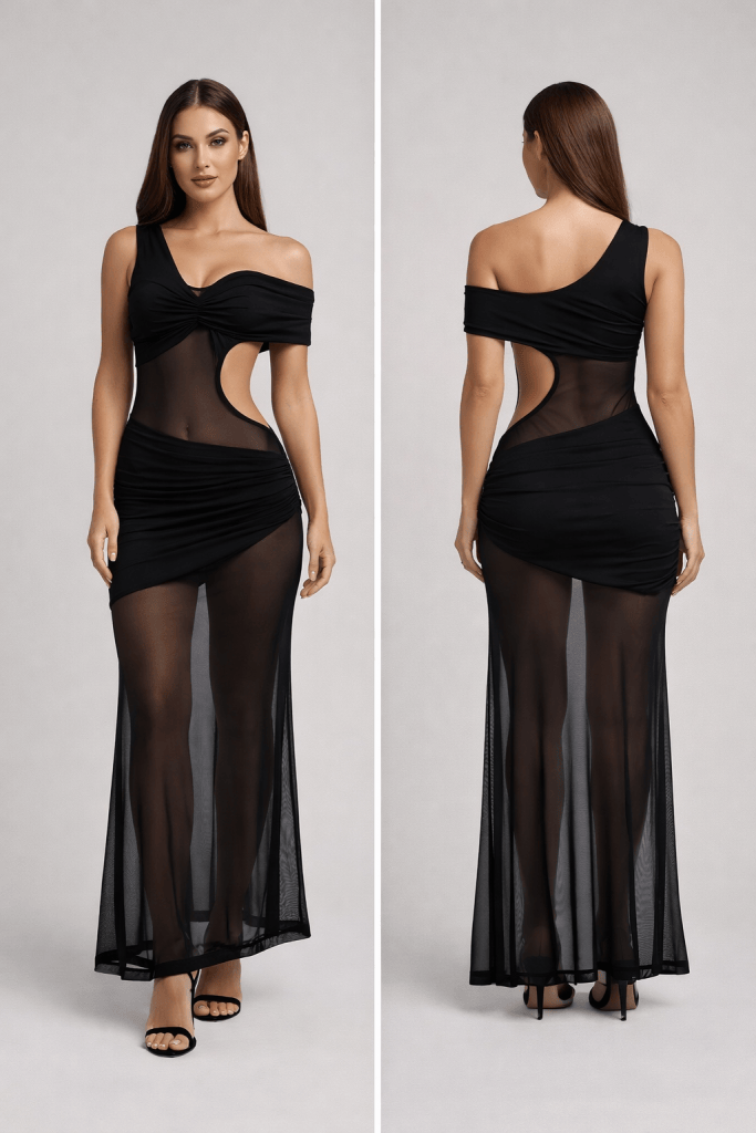 Noire™ One-Shoulder Sheer Maxi Dress
