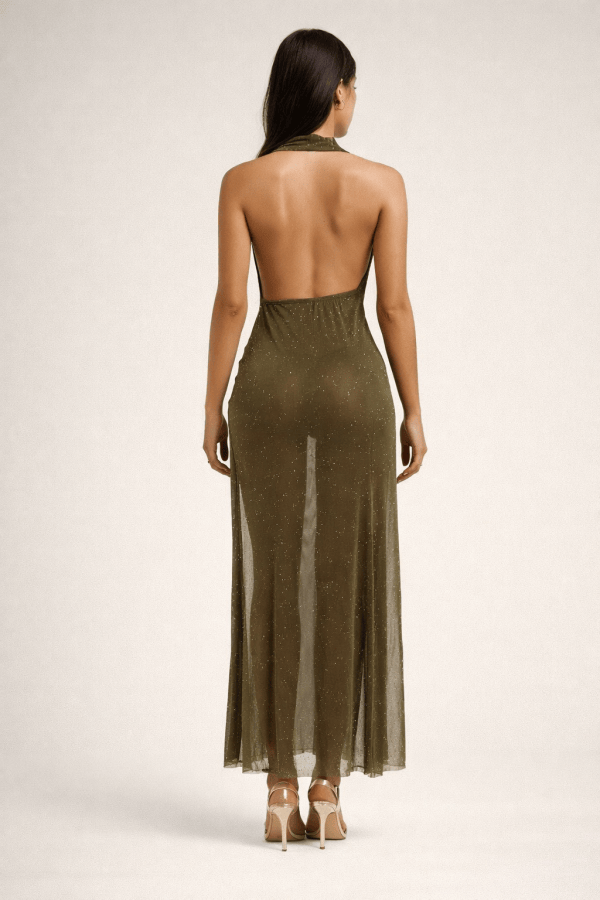 Veraux™ Olive Stardust Halter Maxi Dress - Image 3
