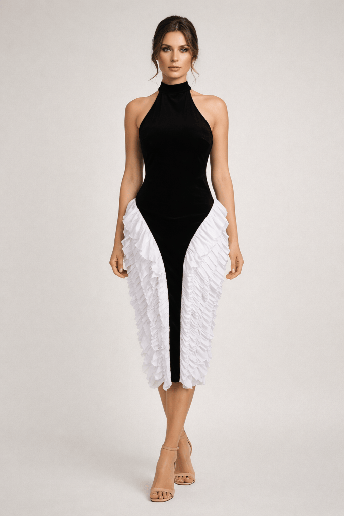NoirÉlys™ Ruffle Halo Midi Dress