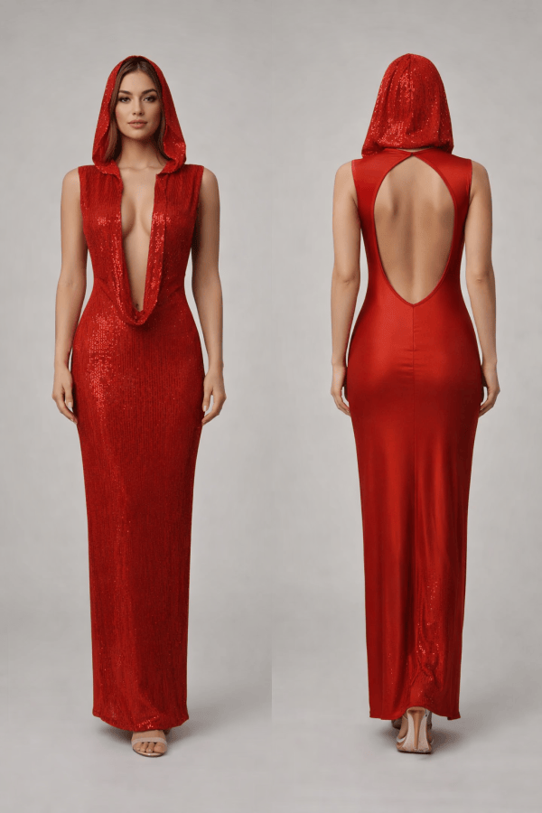 Ravenna™ Crimson Hooded Sequin Maxi Dress - Image 3