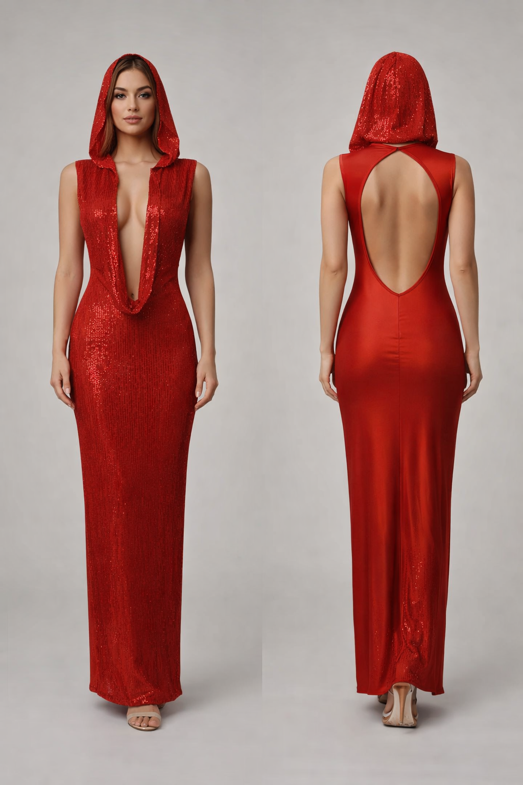 Ravenna™ Crimson Hooded Sequin Maxi Dress - Image 3