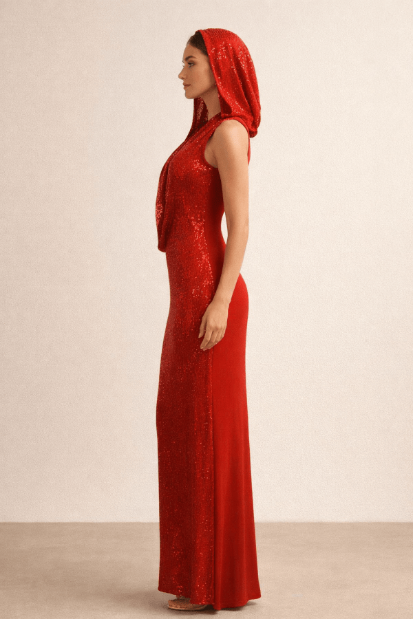 Ravenna™ Crimson Hooded Sequin Maxi Dress - Image 4