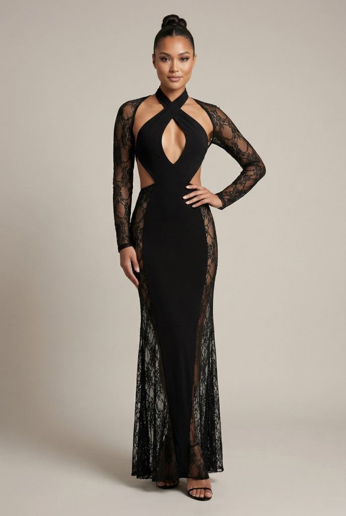Velarisse™ Lace Panel Halter Maxi Dress