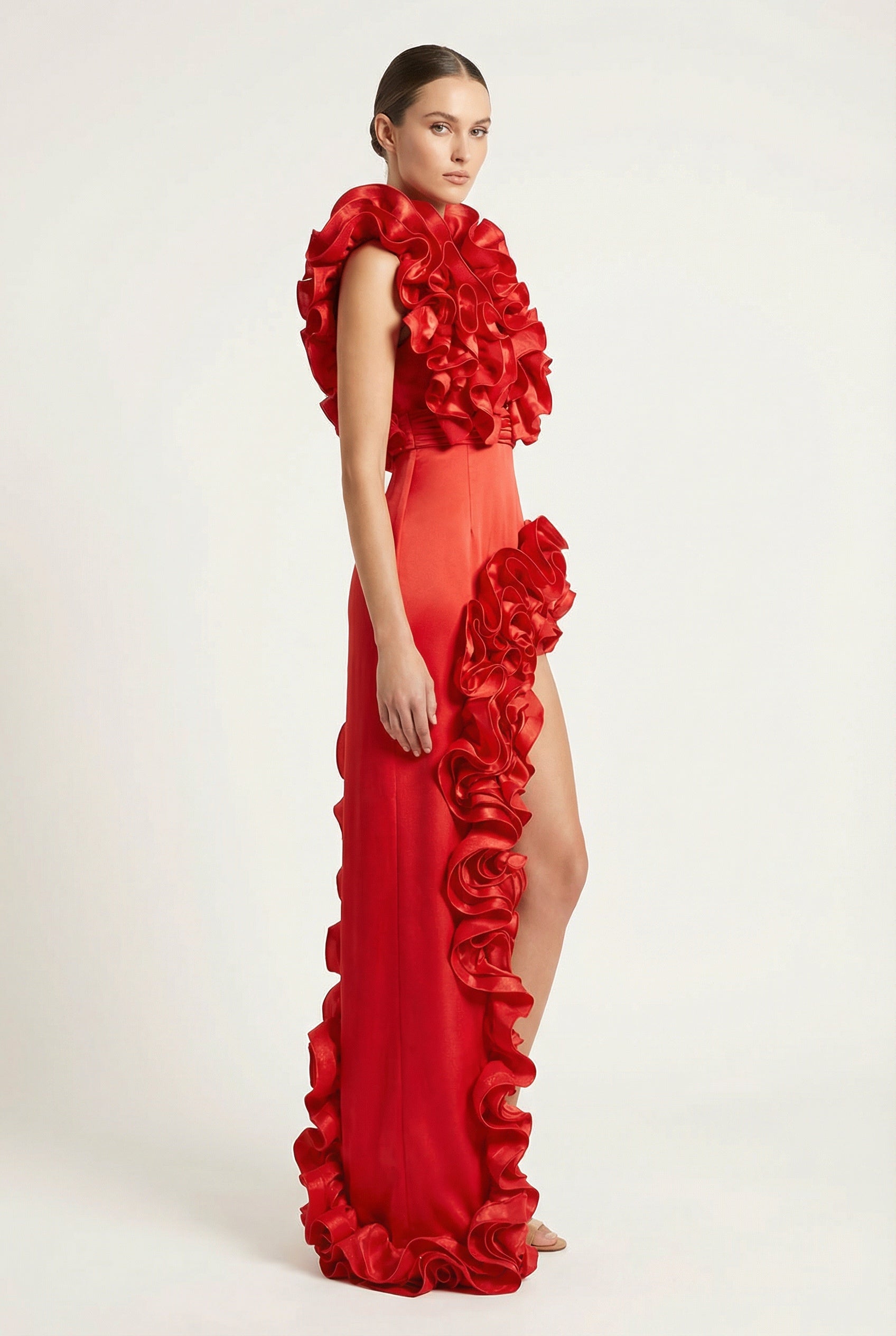 Rosalia™ Scarlet Cascade Ruffle High-Slit Maxi Dress - Image 4