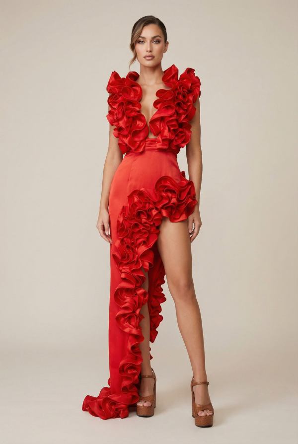 Rosalia™ Scarlet Cascade Ruffle High-Slit Maxi Dress - Image 1