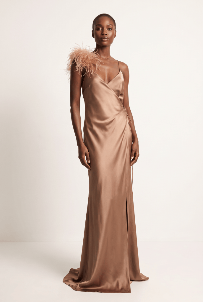Seraphine™ Feather Shoulder Satin Maxi Dress