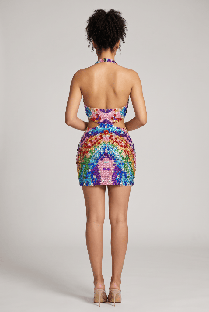 Amara™ Rainbow Crystal Cut-Out Mini Dress